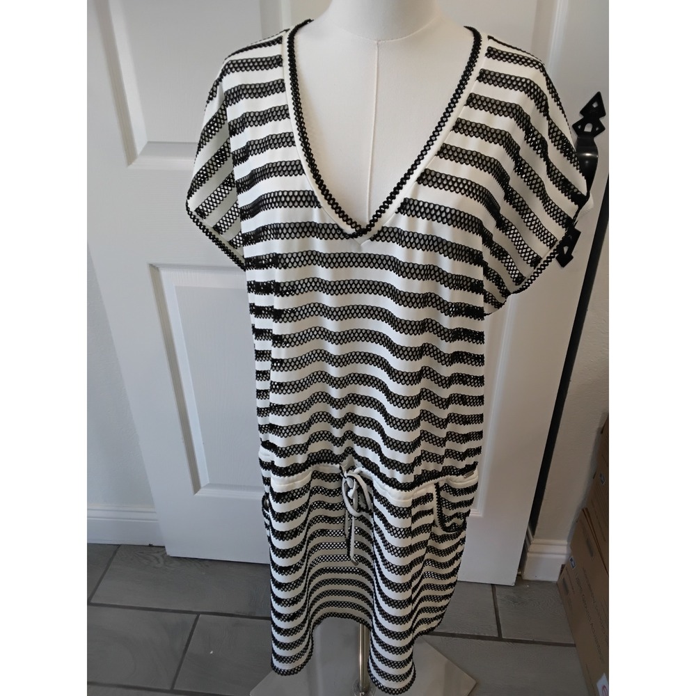 Calvin Klein Womens Striped Mesh Lace V-Neck Swim Cover-Up Dress L/XL CGJO5065